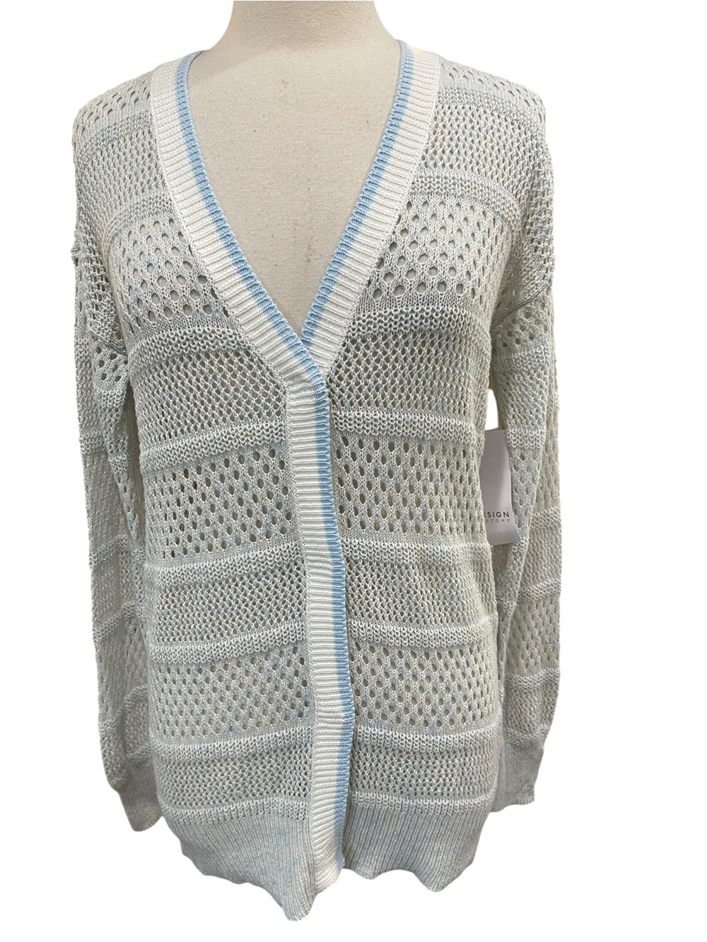 New Design History Pointelle Knit Light And Airy Cardigan Sweater Blue SZ S